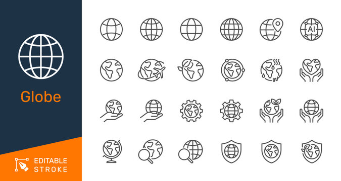 Globe thin line icon collection for international business, worldwide travel and global environment concept. Editable stroke. Pixel perfect.