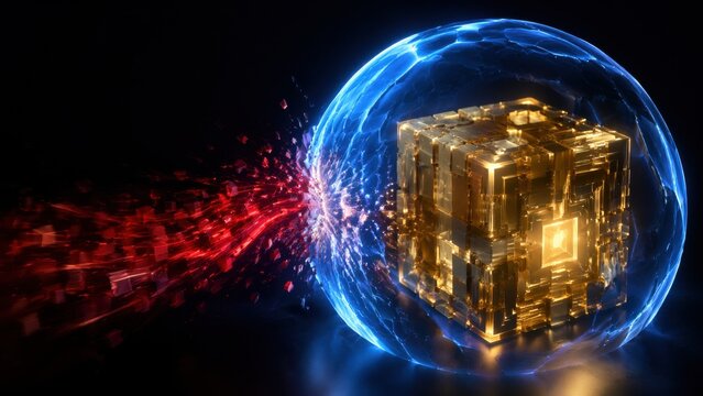 Golden Cube Protected By Blue Sphere Deflecting Red Data Attack
