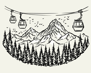 Mountain gondola line art, ski resort cable car illustration, pine forest peaks sketch, vintage outdoor adventure travel, winter nature © srina
