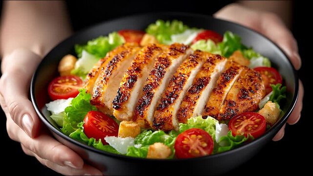 A pair of hands holds a black bowl filled with fresh salad topped with grilled chicken, cherry tomatoes, and croutons.