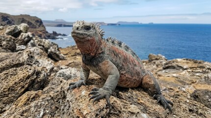 Obraz premium Marine Iguana basking on rocky coastline with the ocean in the background.