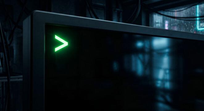 Close up of glowing green cursor symbol on dark computer screen in moody industrial workspace.