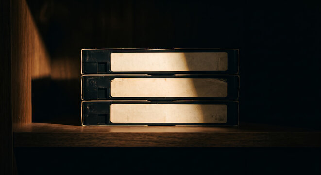 Stack of old VHS tapes with blank labels on a wooden shelf under dramatic lighting.