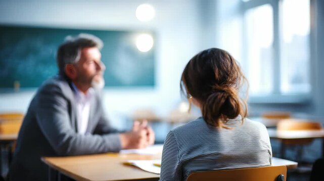 A blurred image captures a teacher and student in discussion, symbolizing guidance and support in education. The classroom setting emphasizes academic growth and personal development