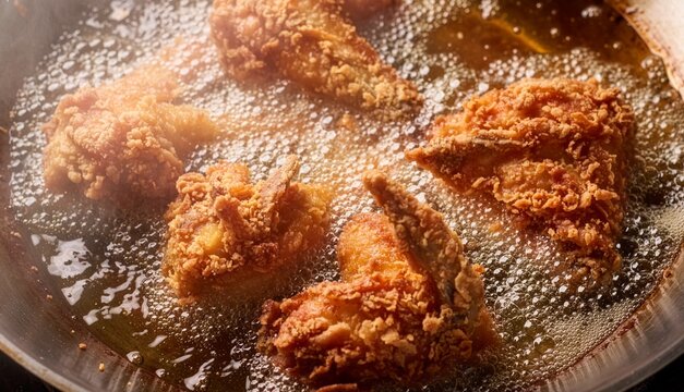 Top-down overhead shot of crispy golden-brown fried chicken pieces cooking in a pan of violently bubbling hot oil, capturing steam and sizzling motion. Commercial food photography.