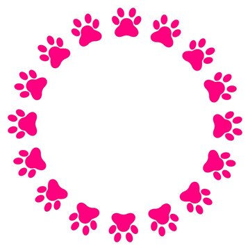 Paw print round frame. Dog paws circle border. Animal foot step border. Animal foot print template