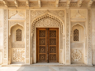 Obraz premium Close-up view of an exquisite Indian jali door framed by elaborate sandstone carvings, geometric wooden lattice, floral engravings, elegant niches, warm neutral colors