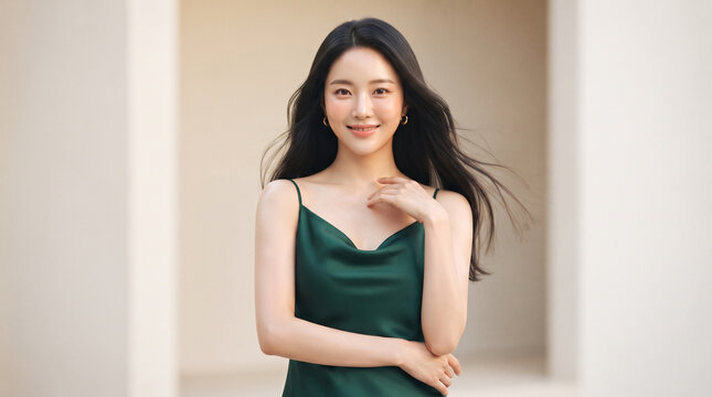 Smiling elegant woman with long dark hair wearing a silk green dress