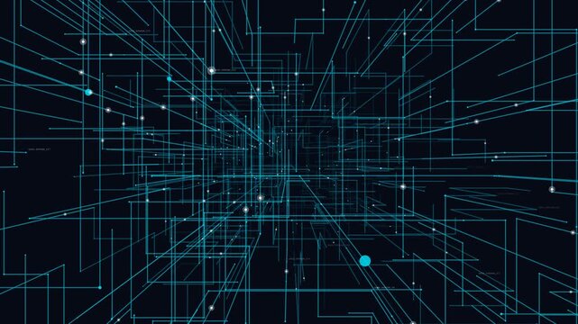 Digital data grid with glowing blue lines and nodes moving through virtual 3D space for futuristic technology background