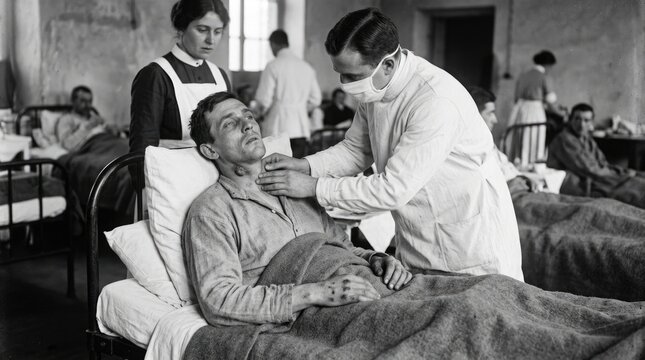 Contagious historic epidemic: bubonic Plague, Yersinia pestis, examine patient, doctor nurse, hospital ward, neck swelling, medical care, infectious transmission, lethal disease.
