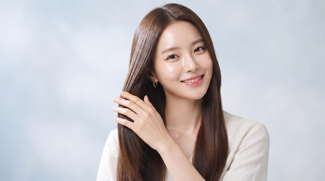 Young woman with long shiny brown hair smiling at the camera