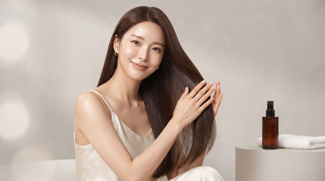 Young woman with shiny long brown hair showing hair care results