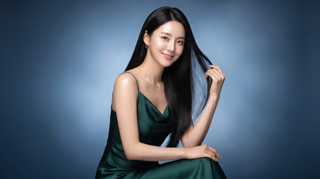 Elegant woman with long shiny black hair in a green silk dress