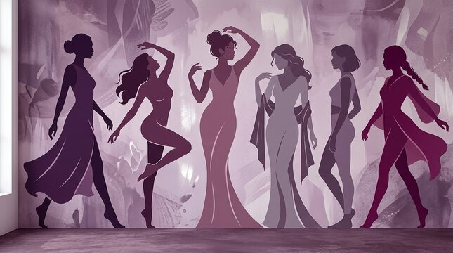 Silhouette of diverse women dancing together in joyful celebration. Group of female friends enjoying energetic movement against vibrant gradient ba...