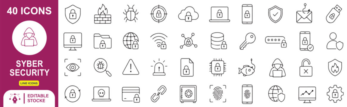 40 Cyber Security Vector Outline Icons Set &ndash; Data Protection, Privacy, Encryption, Network Security and Digital Safety Line Symbols Collection