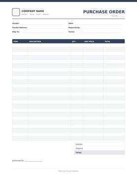 Purchase order template, professional printable business document form for office administration, company paperwork and record keeping, clean corporate layout, isolated vector illustration
