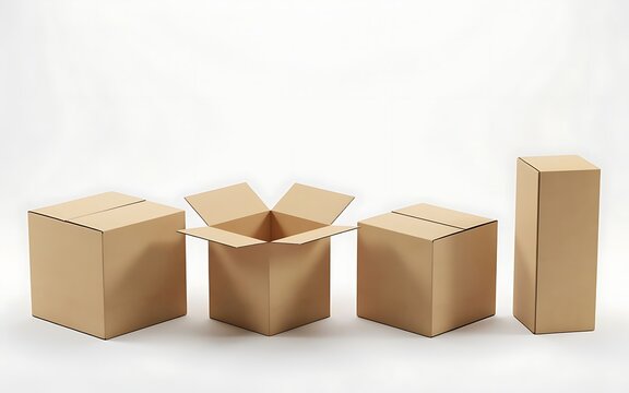 Four brown cardboard boxes in different orientations on white background
