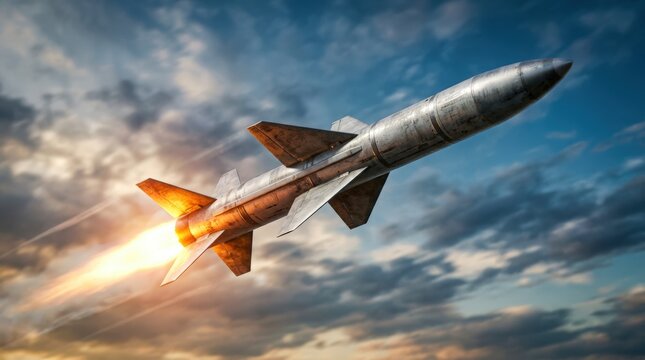 A powerful missile streaks through the sky with a fiery exhaust trail, symbolizing speed and power.