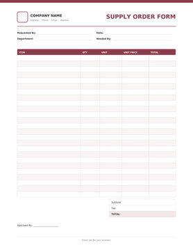 Supply order form template, professional printable business document form for office administration, company paperwork and record keeping, clean corporate layout, isolated vector illustration