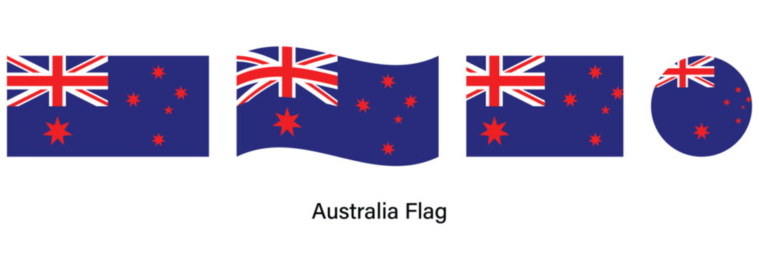 Australia Flag Set with Waving, Circle and Rectangle Shapes Vector Illustration