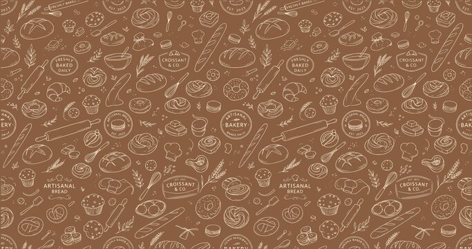 Seamless pattern with hand-drawn bakery and pastry items