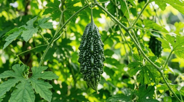 Fresh bitter melon hanging on the vine in a vegetable garden