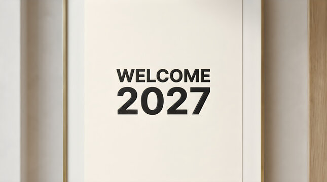 Minimalist text graphic WELCOME 2027 on a clean backdrop with soft studio light and subtle texture