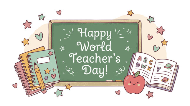 Cute illustration for World Teacher's Day featuring a chalkboard, books, a pencil, and an apple.