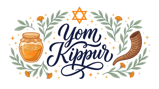 Decorative illustration for Yom Kippur featuring calligraphy, a jar of honey, a shofar, and floral elements with a Star of David.