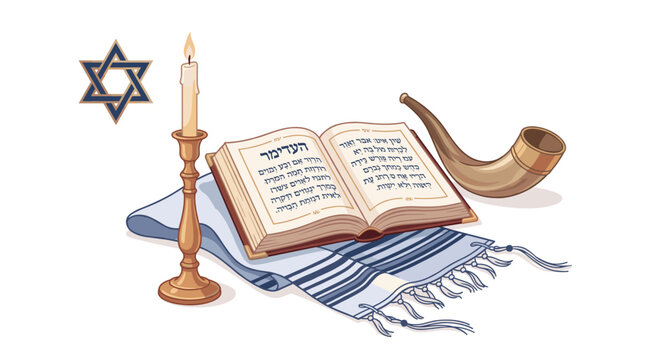Illustration of Jewish religious items including a Star of David, a lit candle, an open Torah, a shofar, and a prayer shawl.