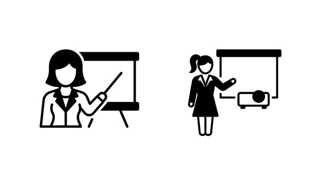 A set of simple black and white icons depicting women giving presentations, one with a pointer and whiteboard, the other with a projector.