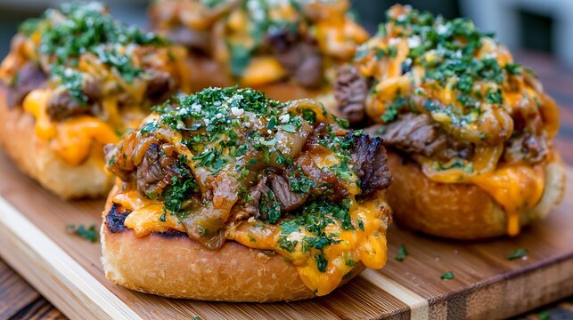 Freshly baked broccoli and cheese stuffed bread rolls on a wooden board