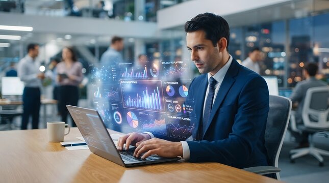 Focused business professional analyzing data on laptop with holographic charts in modern office setting
