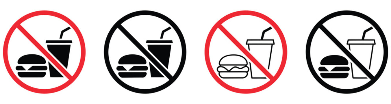 No food or drink allowed sign icons representing eating drinking restrictions safety policies workplace rules and public regulations, vector design.
