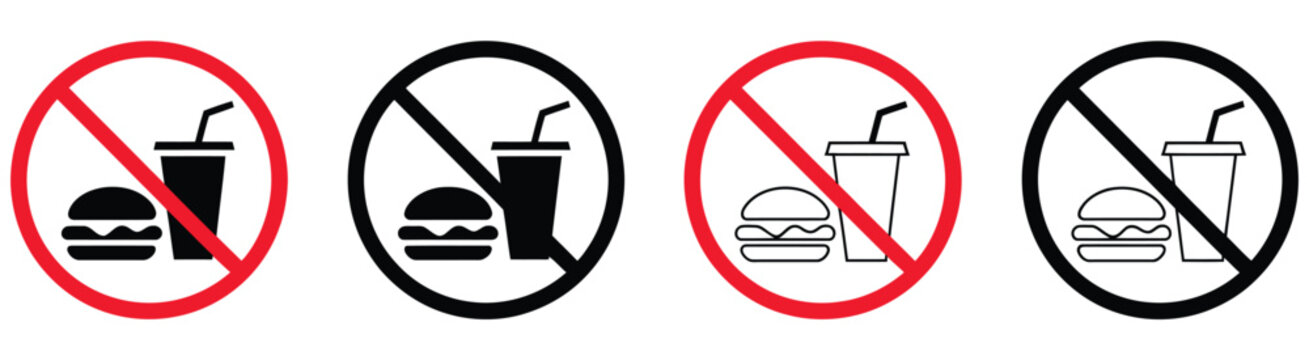 No food or drink allowed sign icons featuring prohibition symbols for eating drinking restrictions safety rules and public regulations, vector design.
