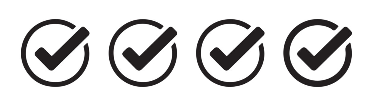 Set of black check mark icons inside circles vector illustration isolated on transparent background for web.