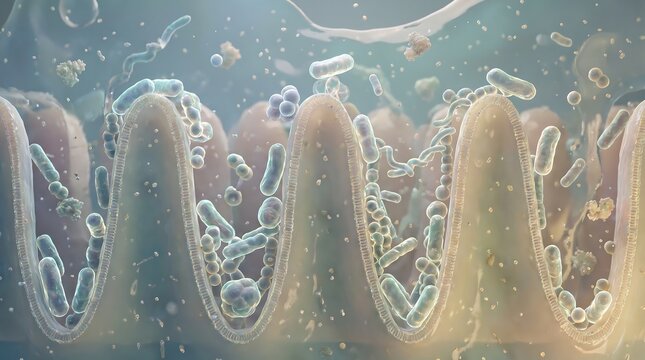 Close up of bacteria colonizing on intestinal villi in a detailed medical 3d visualization