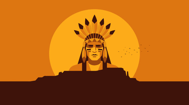 Stylized illustration of a Native American chief with a headdress against a large sun.