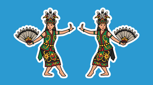 Two Indonesian Dayak traditional dancers performing with fans in colorful cultural costumes.