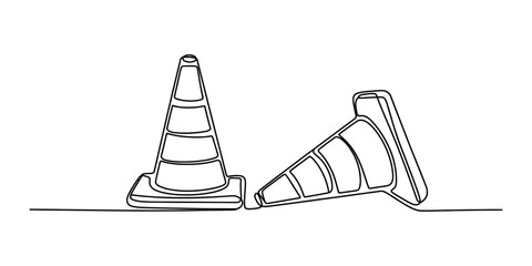 Continuous single line drawing of two traffic cones with one standing upright and one lying down for road safety construction and warning concepts design Vector, illustration © Raj Creator