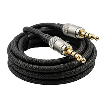 Coiled black braided 3.5mm stereo audio cable isolated on a transparent background