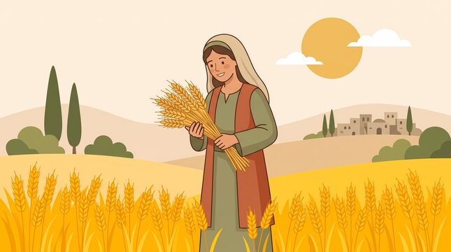 AI generated illustration of Ruth the Moabitess gleaning in a golden wheat field 