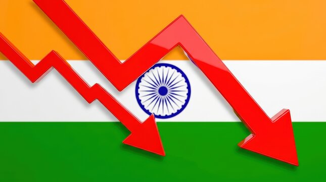 Red downward arrows superimposed on the Indian flag, symbolizing economic decline or financial crisis.