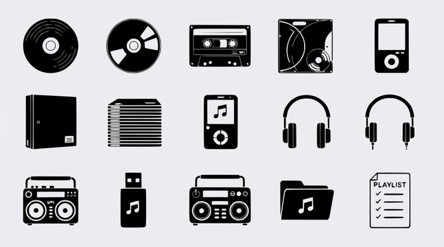 Music Media Icons Set: Vinyl, CD, Cassette, MP3 Player, Headphones, Boombox