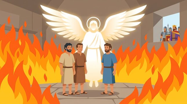 King Nebuchadnezzar watching the miracle of the three men and the angel in the fire, AI generated