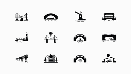 Naklejka premium Twelve minimalist silhouette icons of urban landmarks with vehicles waterfront structures showcases twelve sleek black white silhouette icons