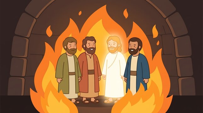 AI generated biblical illustration of Shadrach Meshach and Abednego in the fiery furnace