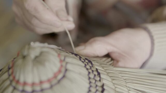 Hands Weaving Traditional Bon Odori Hat in Ugo Town Akita Prefecture J