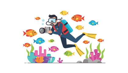 Fototapeta premium Scuba diver swimming underwater and taking photos of small colorful fish swimming past vibrant tropical coral reef formations.