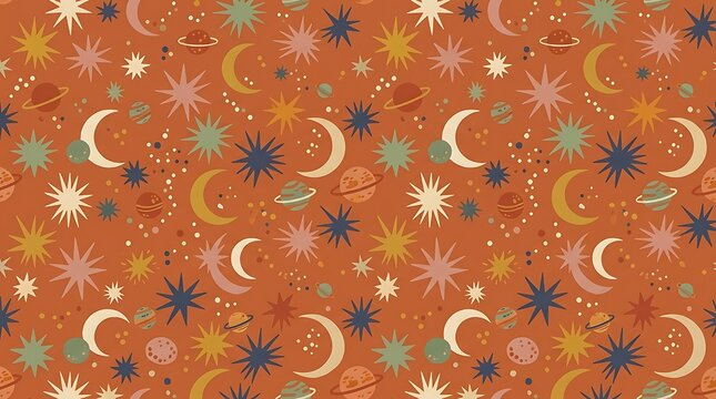 Seamless pattern with cute stars and moons on a red background